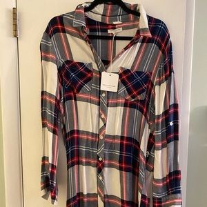 White and Red Plaid Button Up Dress - Size M